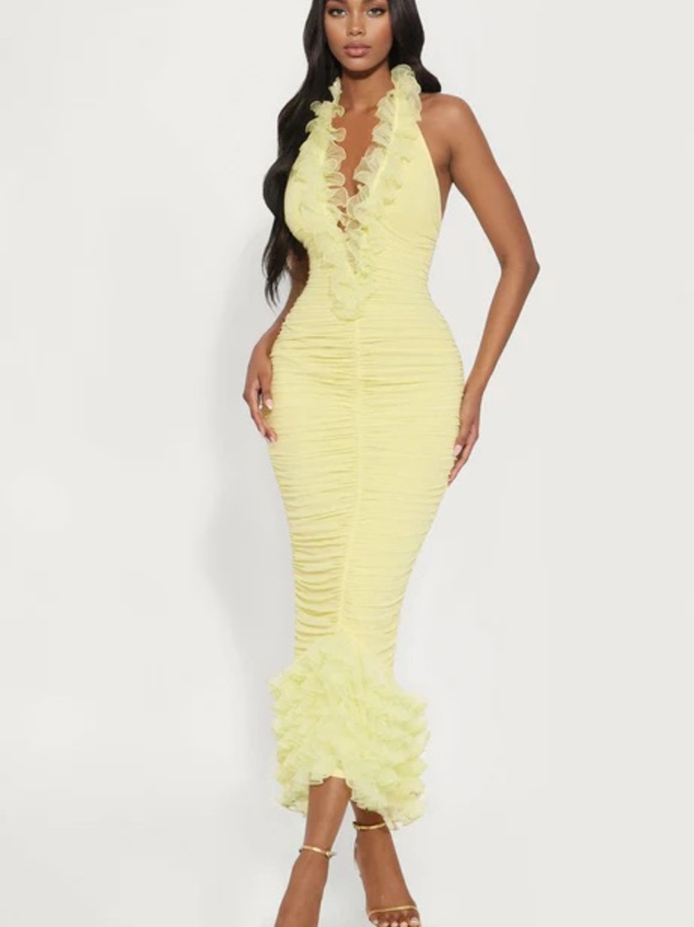 Yellow Ruffle Halter Ruched Midi Dress